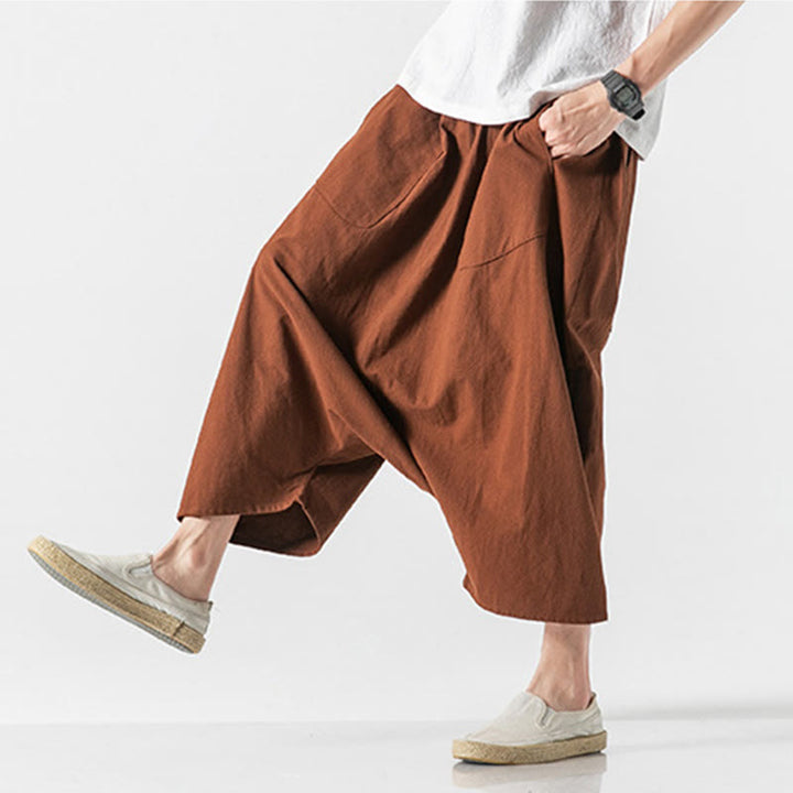 Buddha Stones Casual Low Crotch Design Drawstring Men's 7-8 Length Cotton Linen Wide Leg Pants With Pockets - image 15