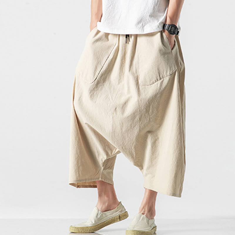 Buddha Stones Casual Low Crotch Design Drawstring Men's 7-8 Length Cotton Linen Wide Leg Pants With Pockets - image 37