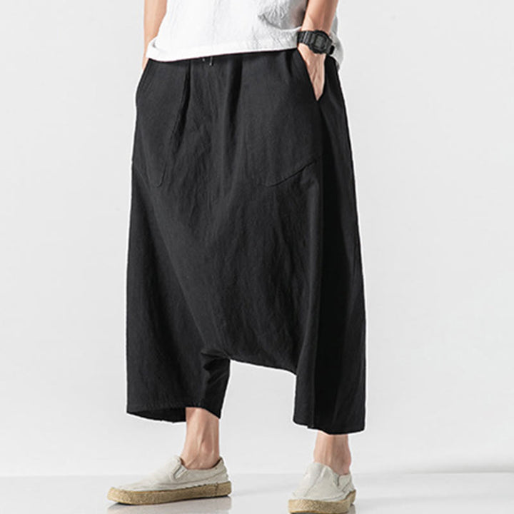 Buddha Stones Casual Low Crotch Design Drawstring Men's 7-8 Length Wide Leg Pants With Pockets - image 29