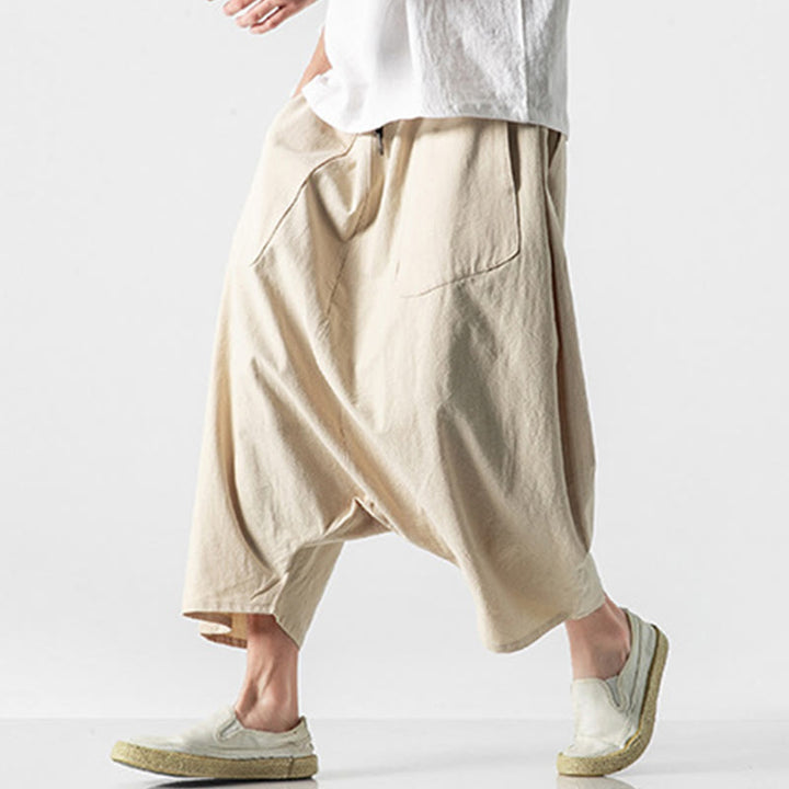 Buddha Stones Casual Low Crotch Design Drawstring Men's 7-8 Length Wide Leg Pants With Pockets - image 40