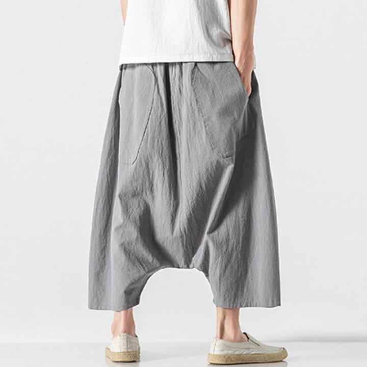 Buddha Stones Casual Low Crotch Design Drawstring Men's 7-8 Length Wide Leg Pants With Pockets - image 24