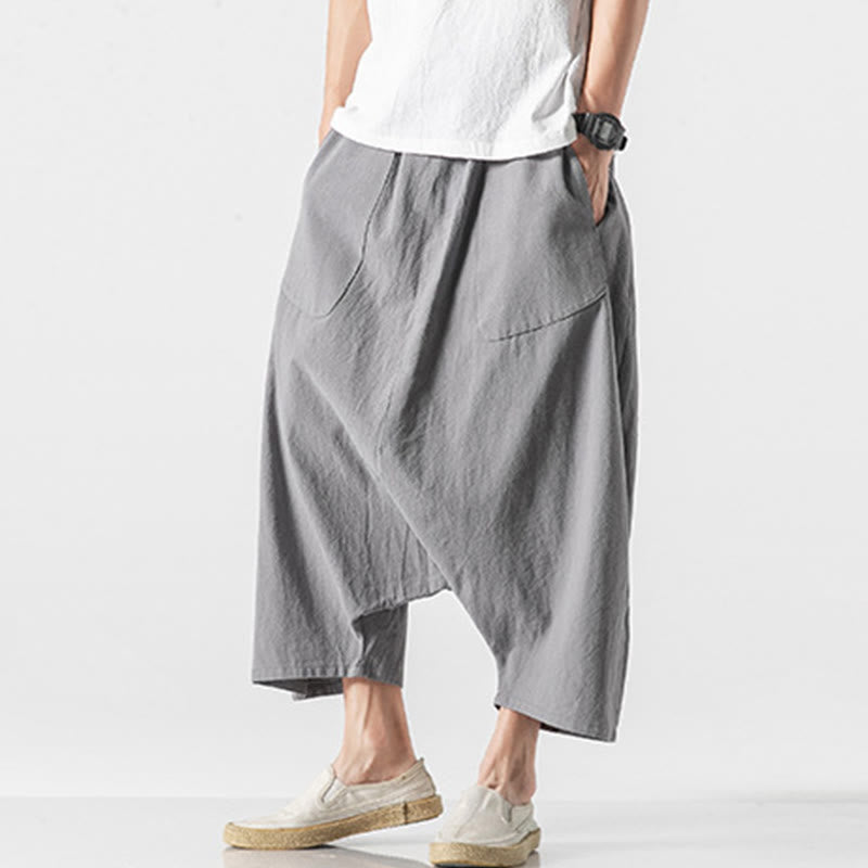 Buddha Stones Casual Low Crotch Design Drawstring Men's 7-8 Length Wide Leg Pants With Pockets - image 19