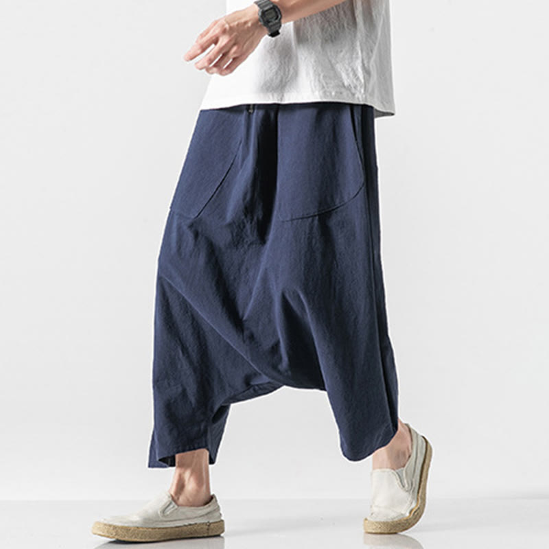 Buddha Stones Casual Low Crotch Design Drawstring Men's 7-8 Length Cotton Linen Wide Leg Pants With Pockets - image 6