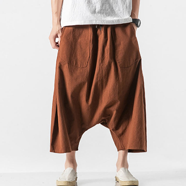 Buddha Stones Casual Low Crotch Design Drawstring Men's 7-8 Length Cotton Linen Wide Leg Pants With Pockets - Chocolate - US/UK/AU46，EU56 (5XL) - image 10