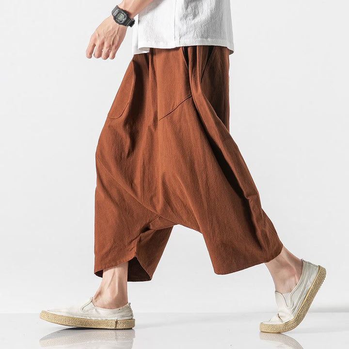 Buddha Stones Casual Low Crotch Design Drawstring Men's 7-8 Length Cotton Linen Wide Leg Pants With Pockets - image 14