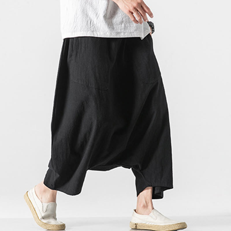 Buddha Stones Casual Low Crotch Design Drawstring Men's 7-8 Length Wide Leg Pants With Pockets - image 31