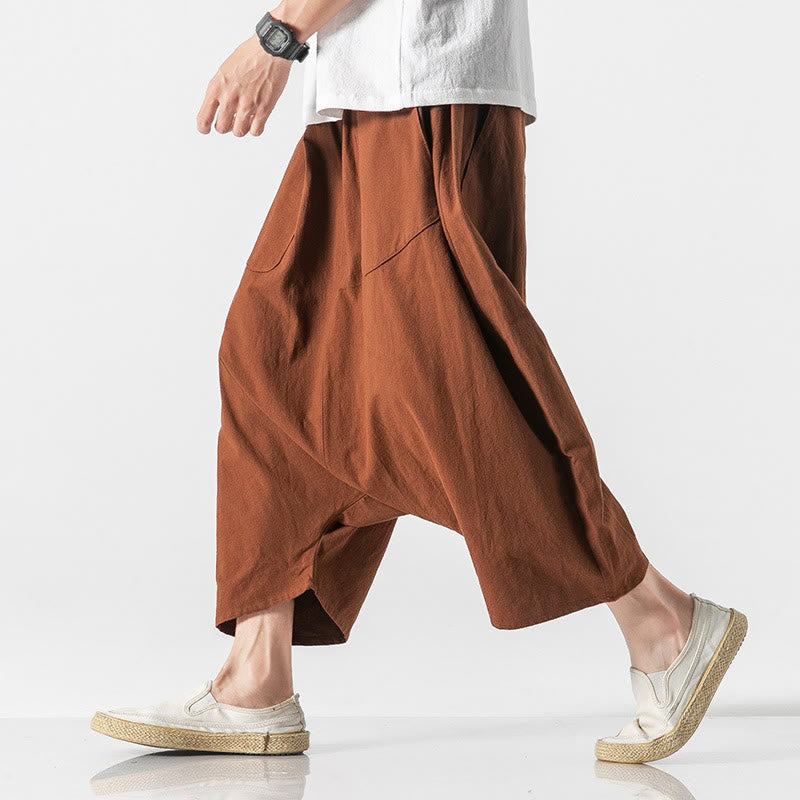 Buddha Stones Casual Low Crotch Design Drawstring Men's 7-8 Length Wide Leg Pants With Pockets - image 13