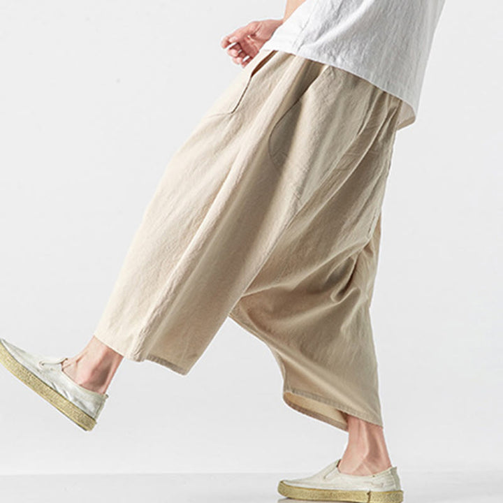 Buddha Stones Casual Low Crotch Design Drawstring Men's 7-8 Length Cotton Linen Wide Leg Pants With Pockets - image 41