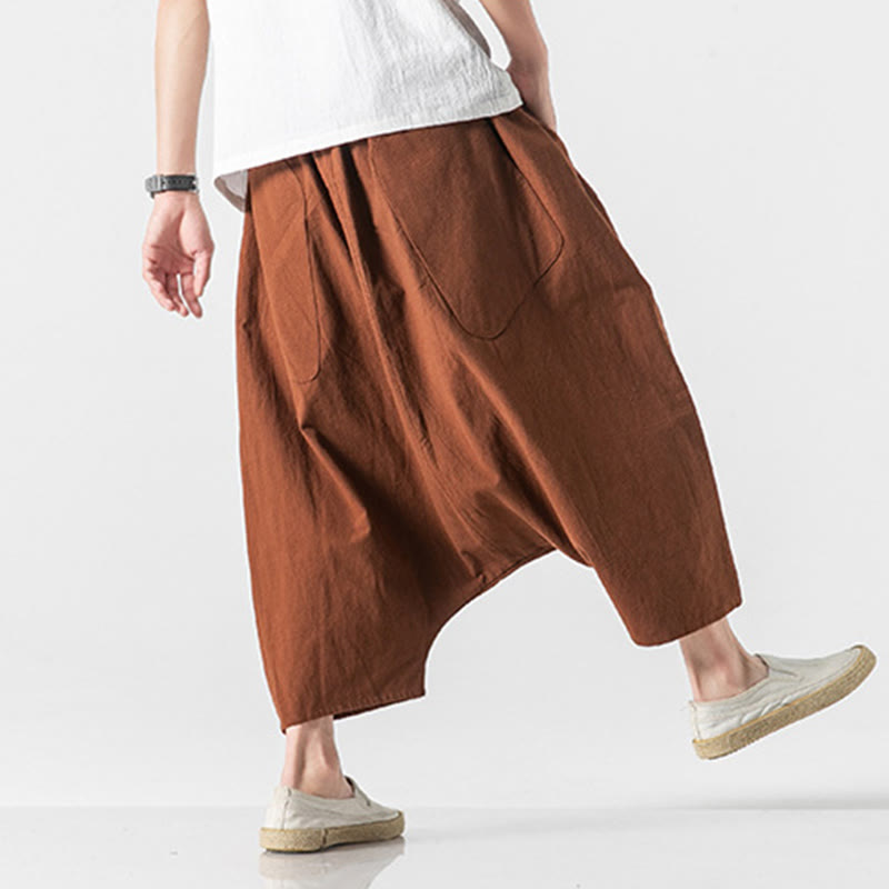 Buddha Stones Casual Low Crotch Design Drawstring Men's 7-8 Length Cotton Linen Wide Leg Pants With Pockets - image 16