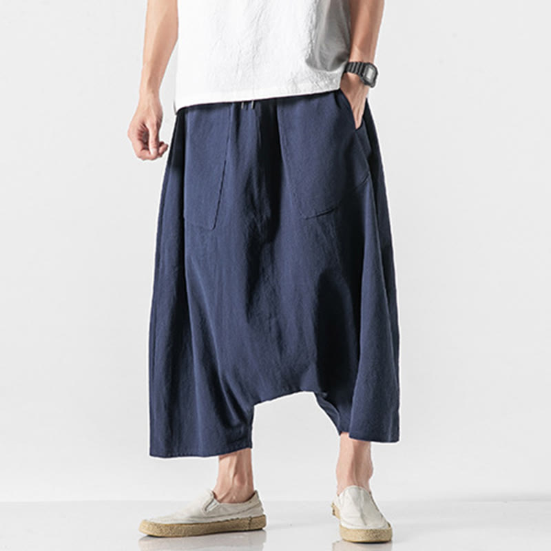 Buddha Stones Casual Low Crotch Design Drawstring Men's 7-8 Length Cotton Linen Wide Leg Pants With Pockets - image 2