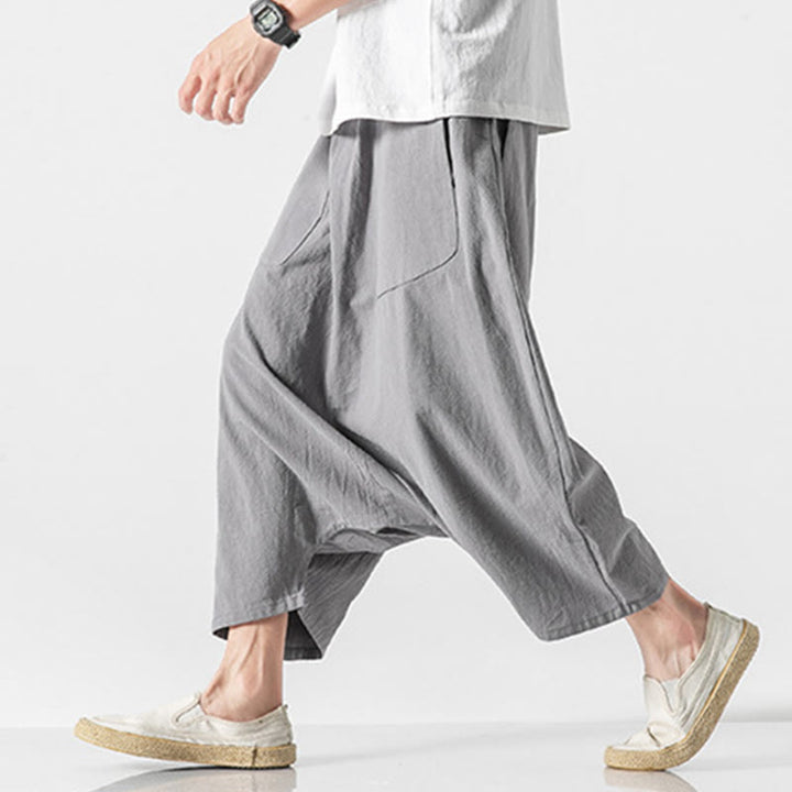 Buddha Stones Casual Low Crotch Design Drawstring Men's 7-8 Length Cotton Linen Wide Leg Pants With Pockets - image 22