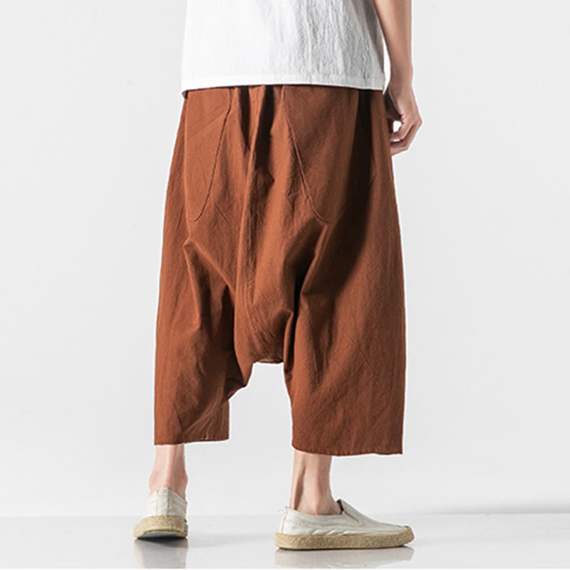 Buddha Stones Casual Low Crotch Design Drawstring Men's 7-8 Length Cotton Linen Wide Leg Pants With Pockets - image 12