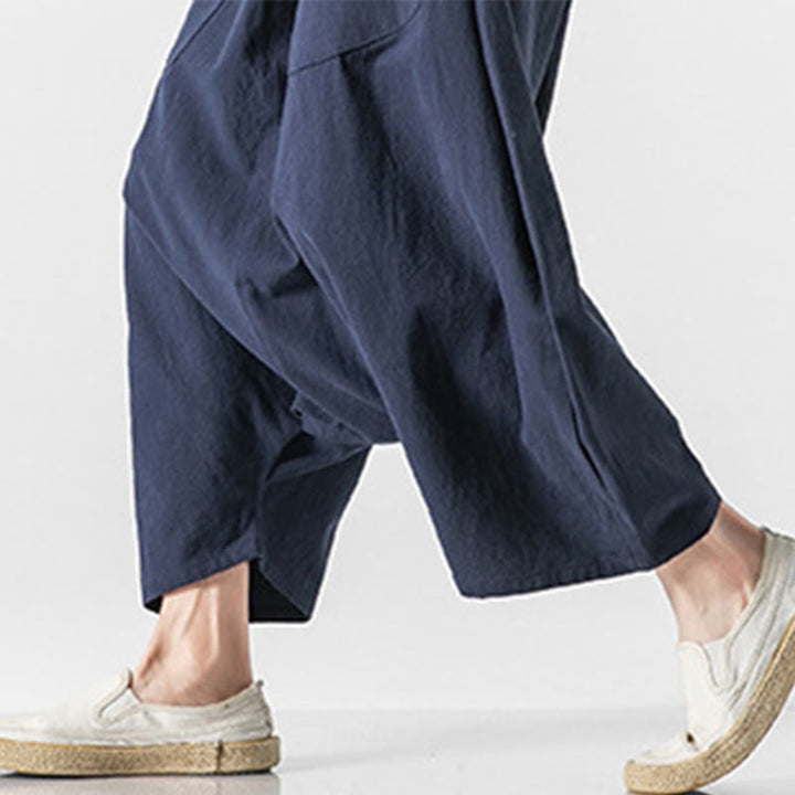 Buddha Stones Casual Low Crotch Design Drawstring Men's 7-8 Length Cotton Linen Wide Leg Pants With Pockets - image 8