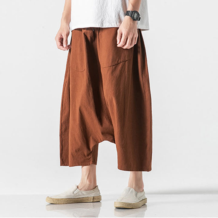 Buddha Stones Casual Low Crotch Design Drawstring Men's 7-8 Length Cotton Linen Wide Leg Pants With Pockets - image 13