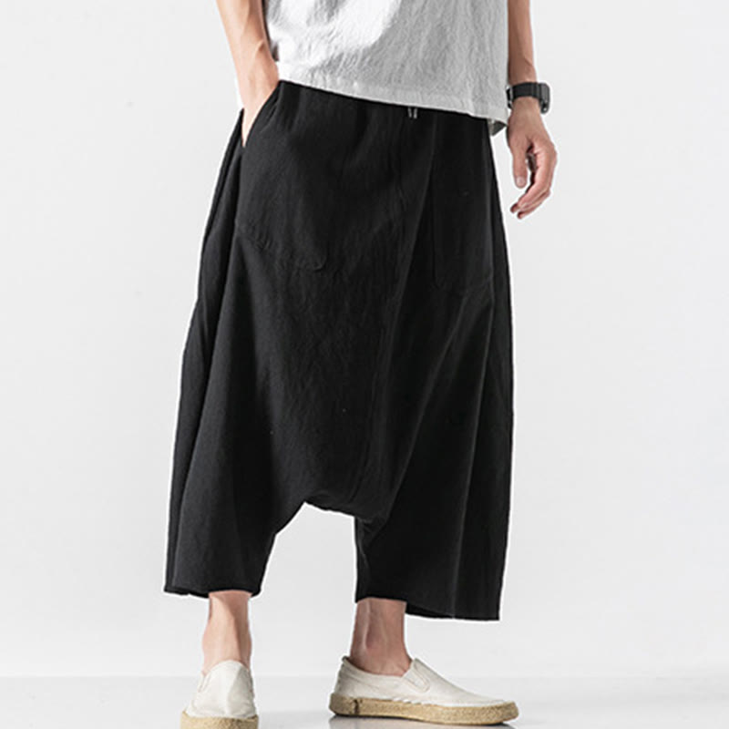 Buddha Stones Casual Low Crotch Design Drawstring Men's 7-8 Length Cotton Linen Wide Leg Pants With Pockets - image 34