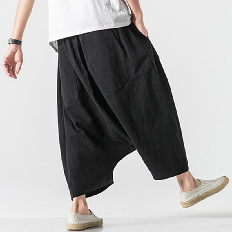 Buddha Stones Casual Low Crotch Design Drawstring Men's 7-8 Length Cotton Linen Wide Leg Pants With Pockets - image 35