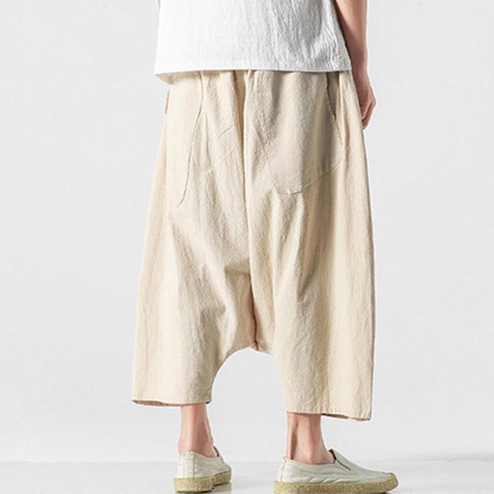 Buddha Stones Casual Low Crotch Design Drawstring Men's 7-8 Length Wide Leg Pants With Pockets - image 38
