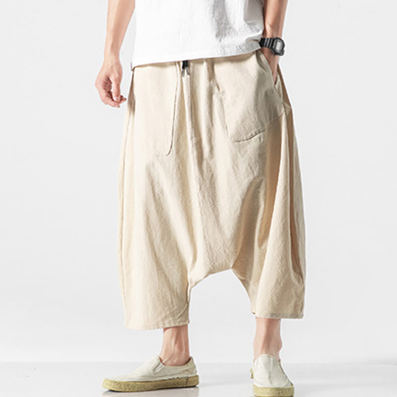Buddha Stones Casual Low Crotch Design Drawstring Men's 7-8 Length Cotton Linen Wide Leg Pants With Pockets - image 38