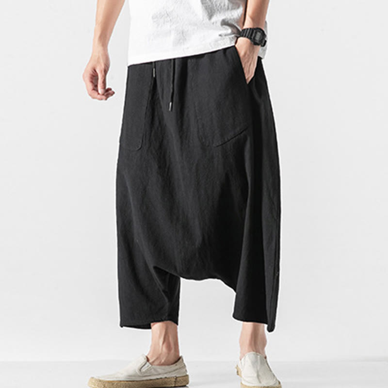 Buddha Stones Casual Low Crotch Design Drawstring Men's 7-8 Length Wide Leg Pants With Pockets - image 33