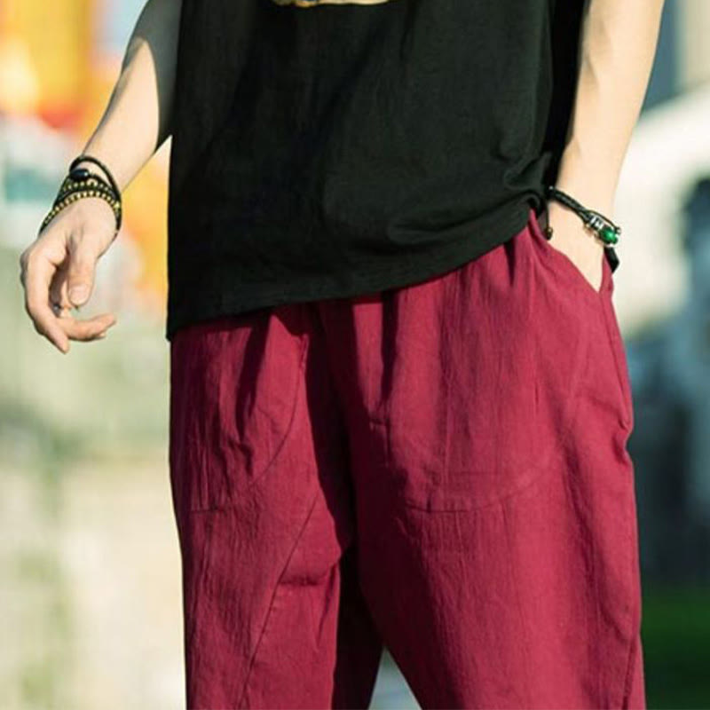 Buddha Stones Summer Plain Pleat Design Drawstring Men's 7-8 Length Cotton Linen Pants With Pockets - image 24