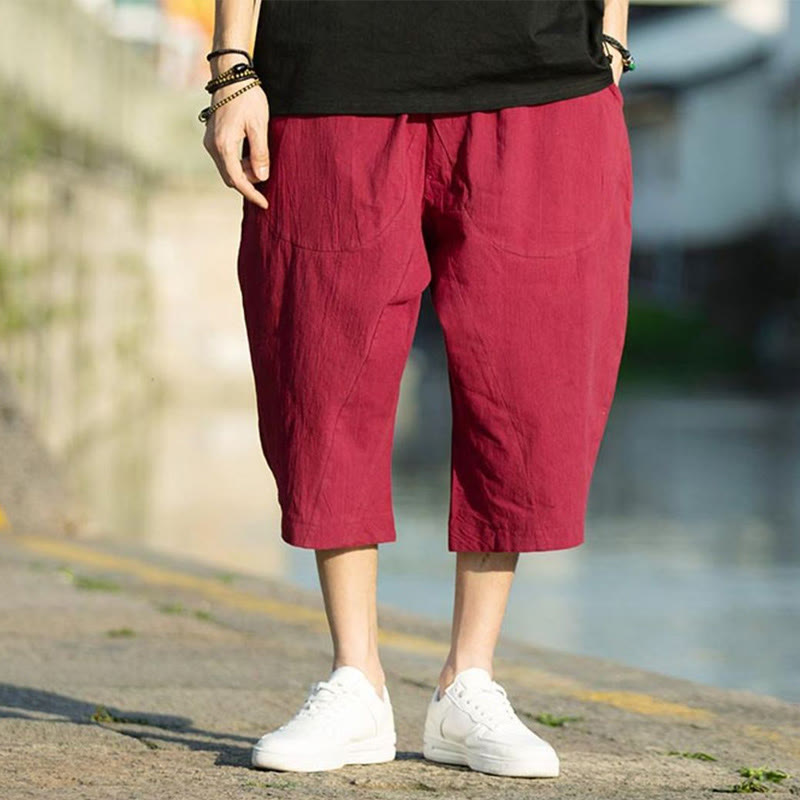 Buddha Stones Summer Plain Pleat Design Drawstring Men's 7-8 Length Cotton Linen Pants With Pockets - image 23