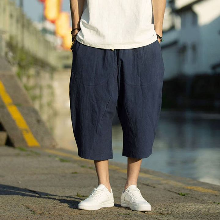 Buddha Stones Summer Plain Pleat Design Drawstring Men's 7-8 Length Cotton Linen Pants With Pockets - image 13