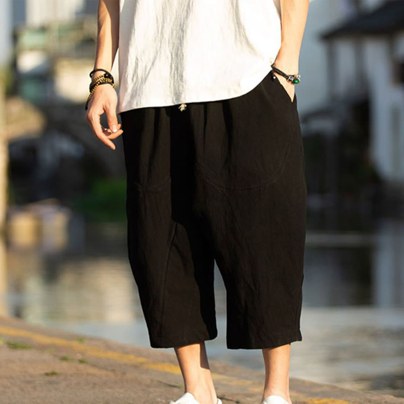 Buddha Stones Summer Plain Pleat Design Drawstring Men's 7-8 Length Cotton Linen Pants With Pockets - image 8