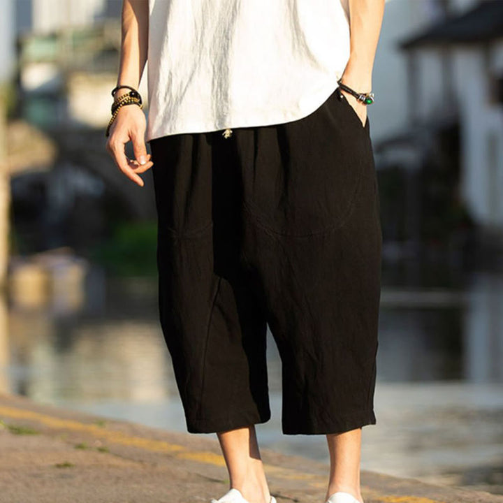 Buddha Stones Summer Plain Pleat Design Drawstring Men's 7-8 Length Cotton Linen Pants With Pockets - image 8