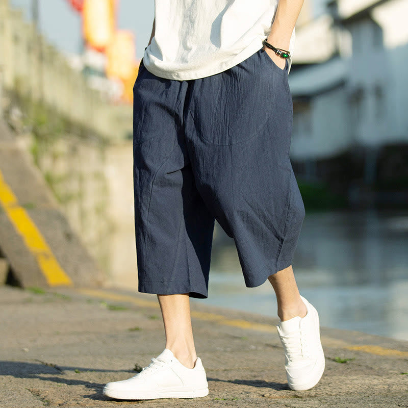 Buddha Stones Summer Plain Pleat Design Drawstring Men's 7-8 Length Cotton Linen Pants With Pockets - DarkSlateBlue - US/UK/AU46，EU56 (5XL) - image 12
