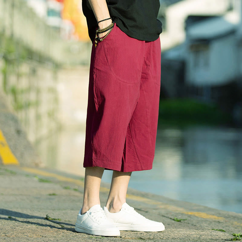 Buddha Stones Summer Plain Pleat Design Drawstring Men's 7-8 Length Cotton Linen Pants With Pockets - Crimson - US/UK/AU46，EU56 (5XL) - image 18