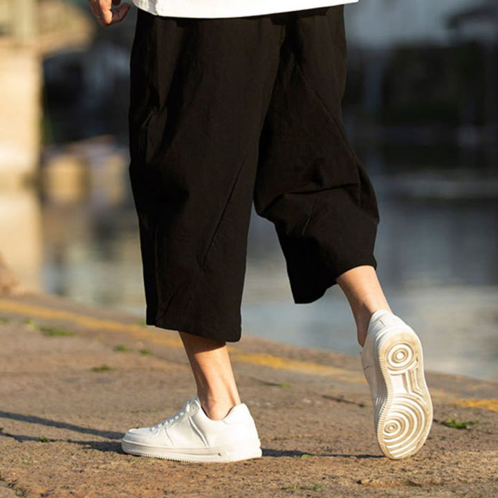 Buddha Stones Summer Plain Pleat Design Drawstring Men's 7-8 Length Cotton Linen Pants With Pockets - image 6