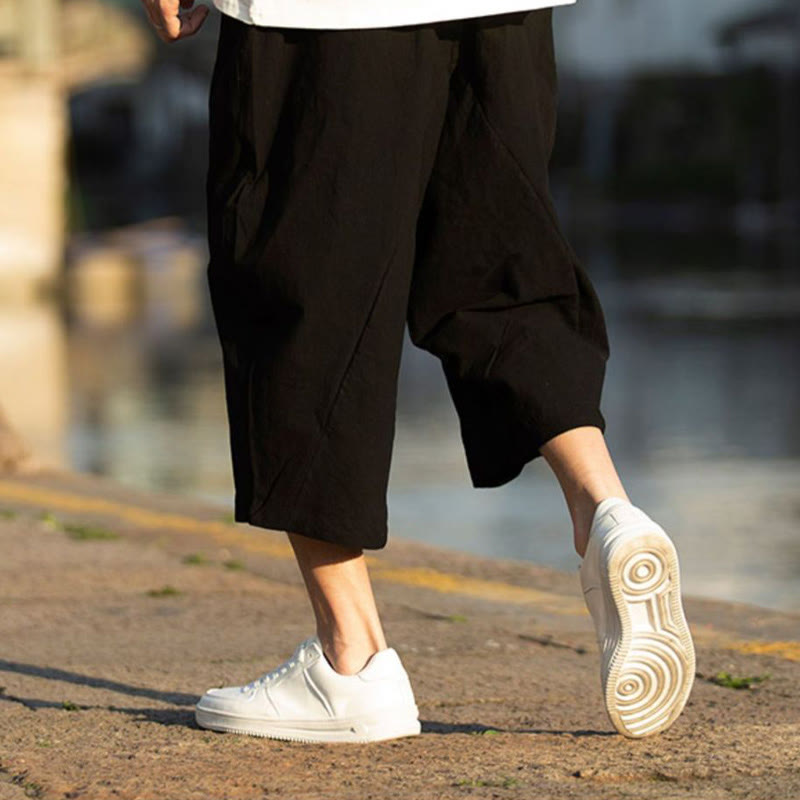 Buddha Stones Summer Plain Pleat Design Drawstring Men's 7-8 Length Cotton Linen Pants With Pockets - image 7