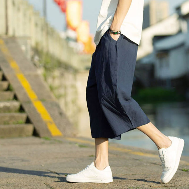 Buddha Stones Summer Plain Pleat Design Drawstring Men's 7-8 Length Cotton Linen Pants With Pockets - image 15