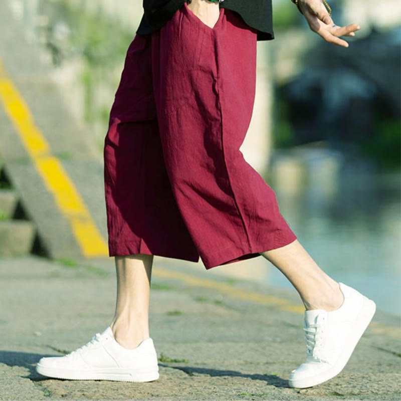 Buddha Stones Summer Plain Pleat Design Drawstring Men's 7-8 Length Cotton Linen Pants With Pockets - image 21