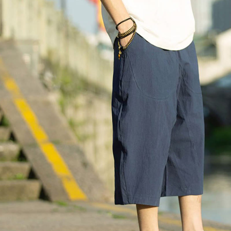 Buddha Stones Summer Plain Pleat Design Drawstring Men's 7-8 Length Cotton Linen Pants With Pockets - image 14