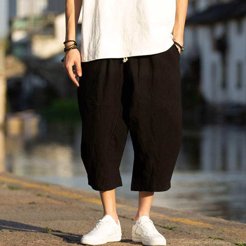 Buddha Stones Summer Plain Pleat Design Drawstring Men's 7-8 Length Cotton Linen Pants With Pockets - image 5
