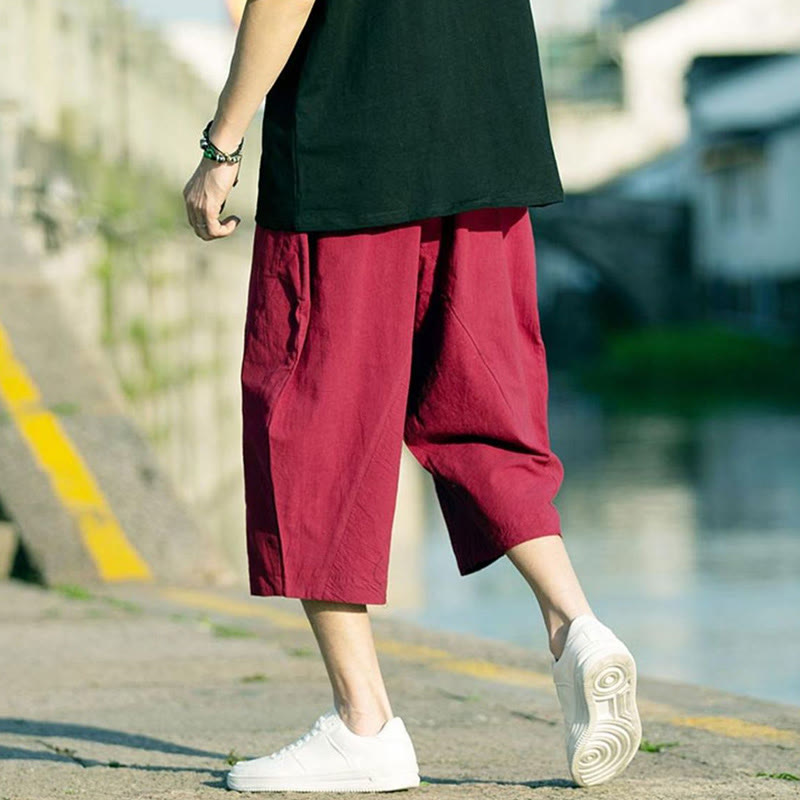 Buddha Stones Summer Plain Pleat Design Drawstring Men's 7-8 Length Cotton Linen Pants With Pockets - image 20