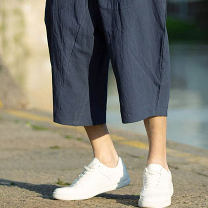 Buddha Stones Summer Plain Pleat Design Drawstring Men's 7-8 Length Cotton Linen Pants With Pockets - image 17