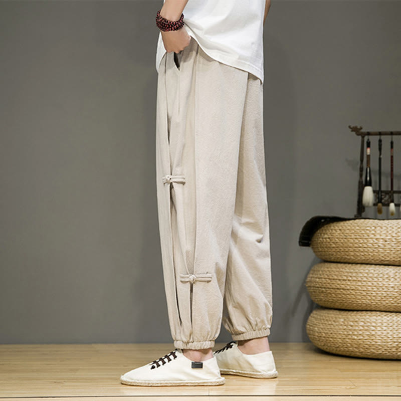 Buddha Stones Summer Vintage Drawstring Chinese Frog-Button Design Men's Cotton Linen Harem Pants With Pockets - image 6