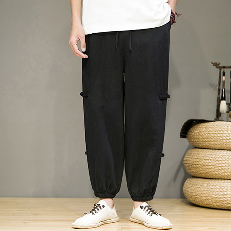 Buddha Stones Summer Vintage Drawstring Chinese Frog-Button Design Men's Cotton Linen Harem Pants With Pockets - image 10