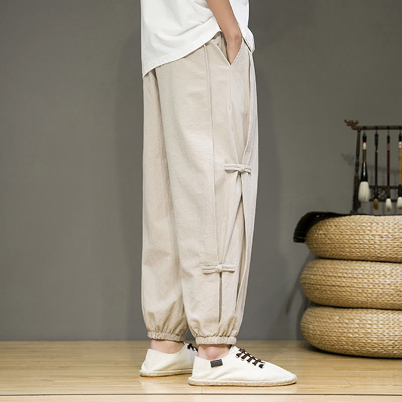 Buddha Stones Summer Vintage Drawstring Chinese Frog-Button Design Men's Cotton Linen Harem Pants With Pockets - image 4