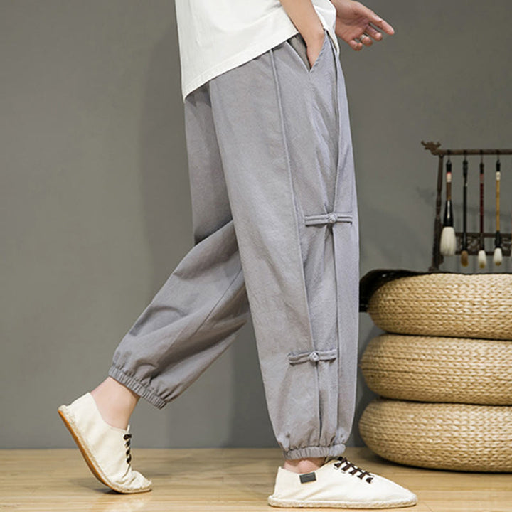 Buddha Stones Summer Vintage Drawstring Chinese Frog-Button Design Men's Cotton Linen Harem Pants With Pockets - image 24