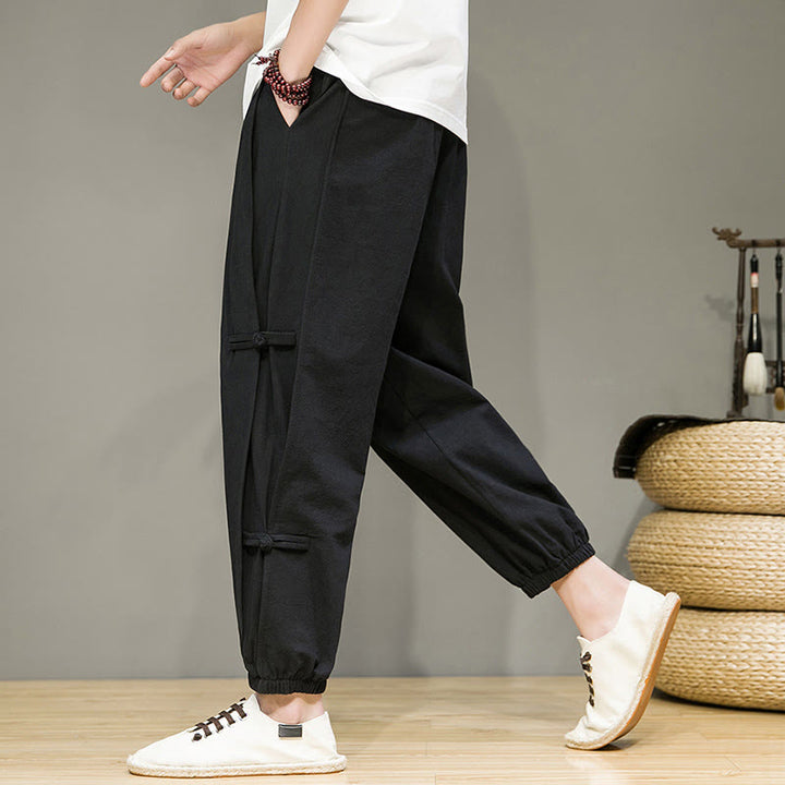 Buddha Stones Summer Vintage Drawstring Chinese Frog-Button Design Men's Cotton Linen Harem Pants With Pockets - image 12