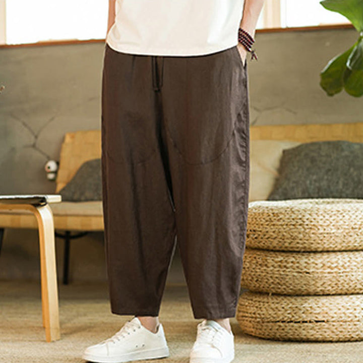 Buddha Stones Casual Retro Solid Color Simple Design Drawstring Men's Elastic Waistband Harem Pants With Pockets - image 24