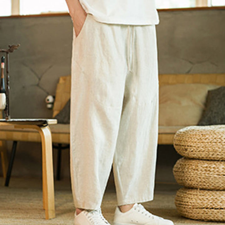 Buddha Stones Casual Retro Solid Color Simple Design Drawstring Men's Elastic Waistband Harem Pants With Pockets - image 2