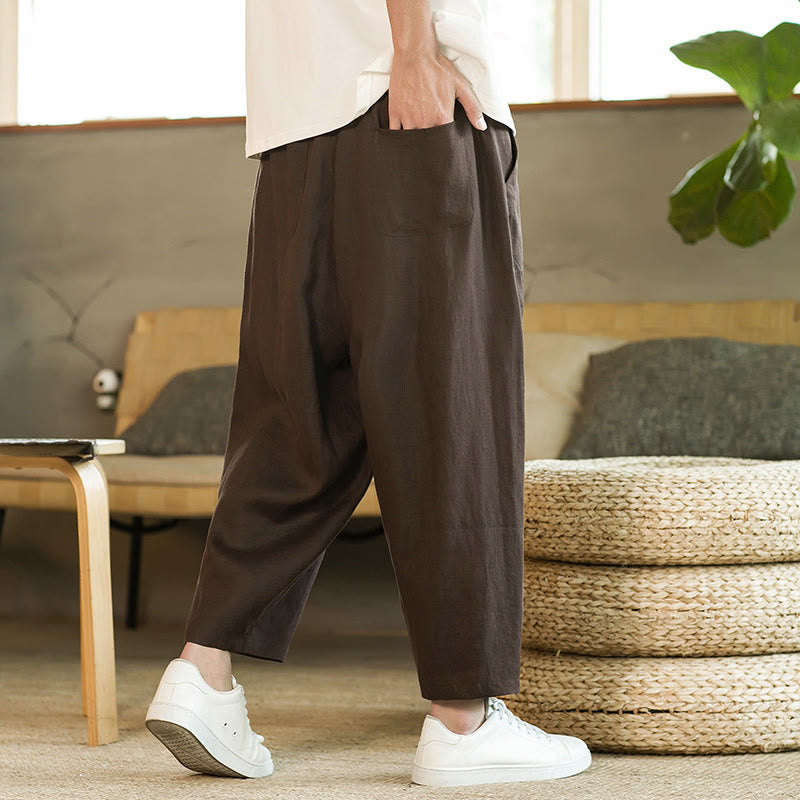 Buddha Stones Casual Retro Solid Color Simple Design Drawstring Men's Elastic Waistband Harem Pants With Pockets - SaddleBrown - US/UK/AU46，EU56 (5XL) - image 21