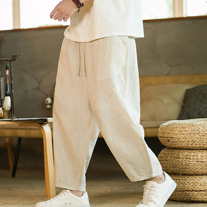 Buddha Stones Casual Retro Solid Color Simple Design Drawstring Men's Elastic Waistband Harem Pants With Pockets - Beige - US/UK/AU46，EU56 (5XL) - image 0