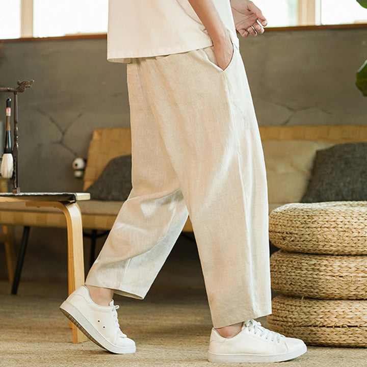 Buddha Stones Casual Retro Solid Color Simple Design Drawstring Men's Linen Elastic Waistband Harem Pants With Pockets - image 5