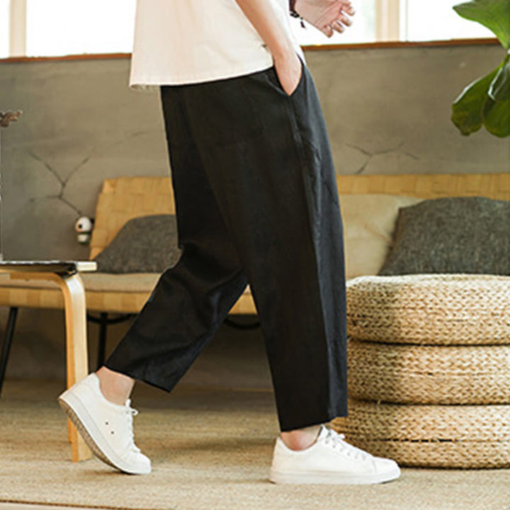 Buddha Stones Casual Retro Solid Color Simple Design Drawstring Men's Linen Elastic Waistband Harem Pants With Pockets - image 15