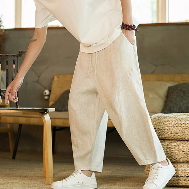 Buddha Stones Casual Retro Solid Color Simple Design Drawstring Men's Elastic Waistband Harem Pants With Pockets - image 1